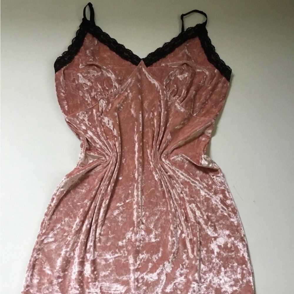 Babydoll Pink Lace Trim Crush Velvet Dress Nighty Soft